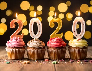 Four cupcakes with candles shaped as numbers forming "2020", celebrating a new year