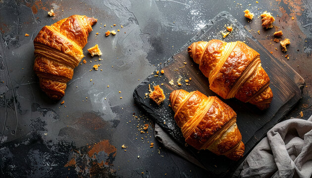 Croissants served on dark board with linen cloth accents. Rustic bakery scene styled for authentic food storytelling. Moody breakfast setup highlighting handcrafted pastry quality