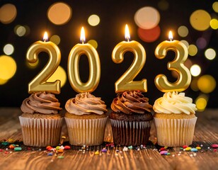 Four cupcakes with golden candles forming the year 2023, bokeh background