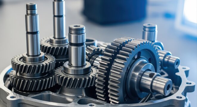 Automotive Transmission Gears and Shafts Assembly, Showing Mechanical Engineering and Component Precision, Highlighting Engineering Design