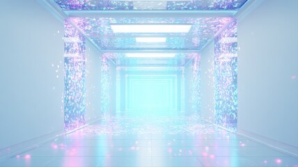 Fototapeta premium Futuristic Hallway with Holographic Effects: Clean, Modern Architecture with Digital Light and Creative Design Elements