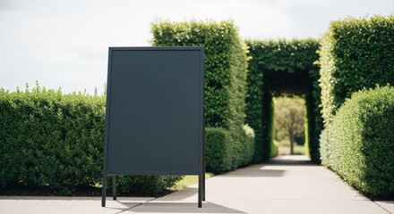 Fototapeta premium Blank Sandwich Board Sign in a Lush Green Garden Tunnel, Ready for Custom Messaging