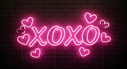 Obraz premium Pink Neon XOXO Sign with Hearts on Brick Wall - Generated AI.