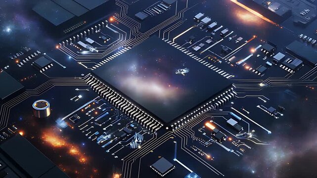 Glowing CPU Microchip Processor on Motherboard with Data Flow