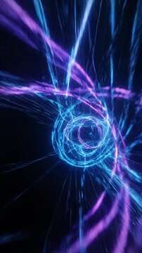 Futuristic neon energy swirls with glowing light trails creating a vibrant visual of dynamic movement and abstract technological phenomena.