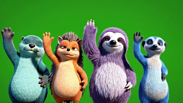 A group of colorful cartoon animals waving in a video