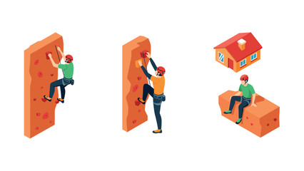 Isometric rock climbing and relaxing outdoors with safety gear and house illustration