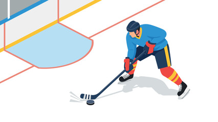 Obraz premium Ice hockey player in action on rink with stick and puck in isometric design