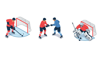 Isometric ice hockey players: action scenes with skating, fighting, goalie stances