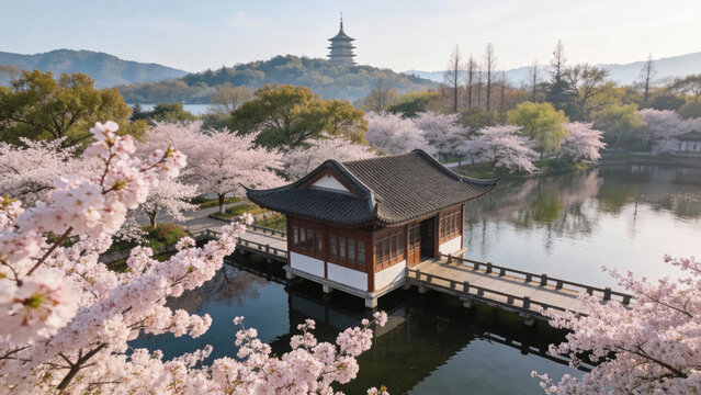Cherry blossoms are in full bloom at West Lake in Hangzhou, Zhejiang, China.