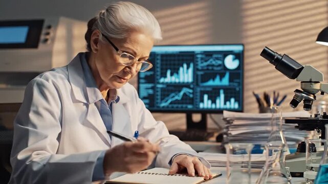 Scientist In Laboratory Analyzing Data On Screens.
