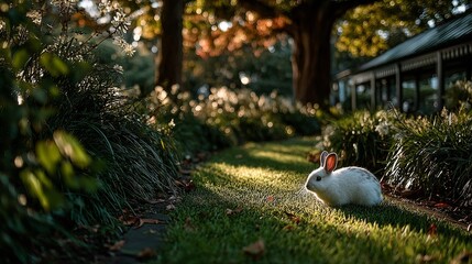 A white rabbit sits on a sunlit grassy path in a lush garden, bathed in warm golden light with blurred trees and a building in the background.
