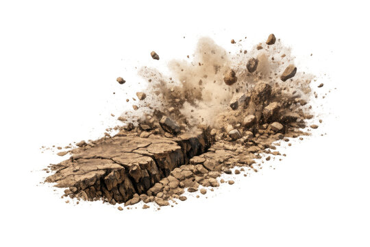 Ground breaking, cracked earth exploding with flying dust and rock debris, impacting and destructing