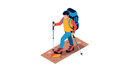 Fototapeta premium Isometric hiker on trail with backpack and poles in outdoor adventure scene