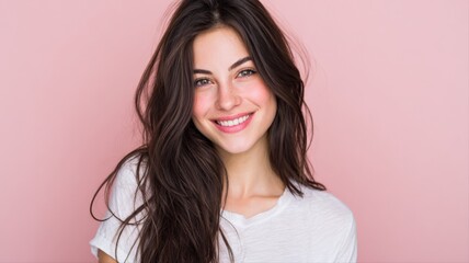 Naklejka premium Radiant young woman with a beaming smile and healthy hair posing against a pink background