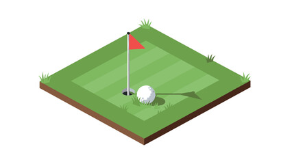Isometric golf course design with hole, flag, and grass details for game concepts