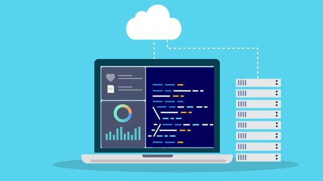 Laptop displaying coding interface connected to cloud data integration, representing software development, database connection, and digital technology workflow.
