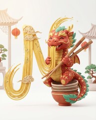Colorful dragon playing with noodles and chopsticks.