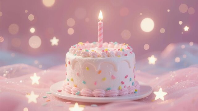 A happy pink birthday cake with a sweet heart decoration and one flaming candle sits ready for a dessert celebration or anniversary party, featuring elegant cream icing in a vector illustration