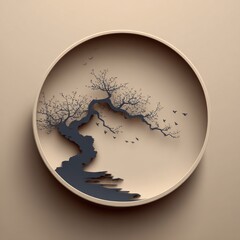 Fototapeta premium Intricate, stylized tree art inside a circular frame, with birds, against a neutral background