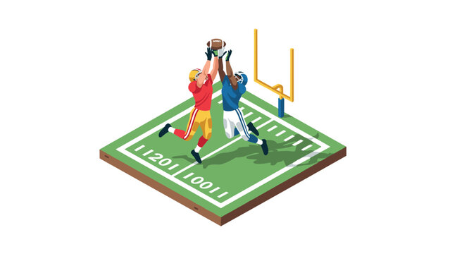 Isometric football action: players competing in end zone play