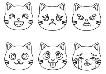 Fototapeta premium Cartoon Cat Faces with Emotions Silhouette