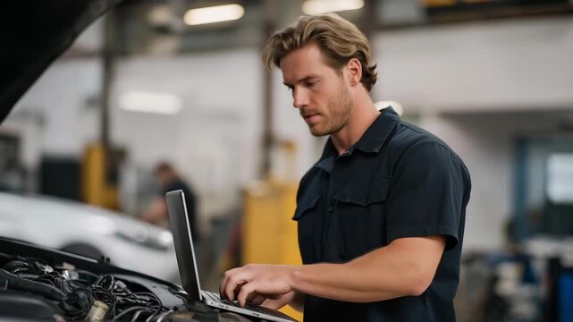 Automotive troubleshooting process highlights an auto mechanic conducting a precise diagnostics test as he uses a laptop connected to the vehicle computer. cinematic color correction, natural