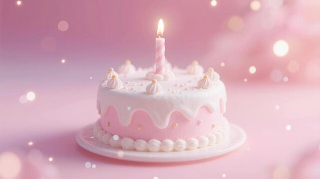 A happy birthday celebration featuring a sweet chocolate and pink cream cake decorated with glowing candle flames and icing for a festive party anniversary illustration