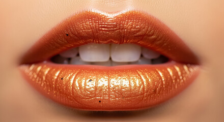 Fototapeta premium Glamorous Shimmering Orange Lips with Metallic Lipstick Close-up