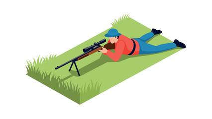 Isometric sniper illustration: marksman in grassy field with rifle