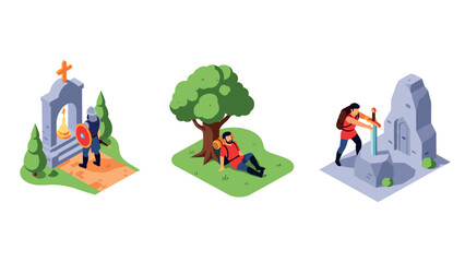 Isometric warrior quest: exploring mystical monuments and enchanted gardens