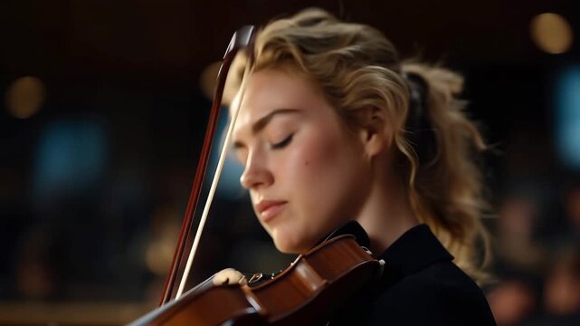 Classical music scene features a passionate violinist mid performance, emphasizing artistry, discipline, and emotional connection through sound. cinematic color correction, natural uneven lighting