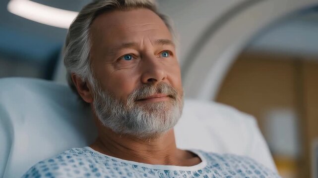 Clinical radiation therapy setting with patient calmly positioned, clean design conveying trust, accuracy, and medical progress. cinematic color correction, natural uneven lighting yet gentle