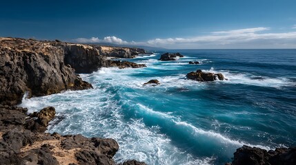 Fototapeta premium Dramatic view of powerful ocean waves crashing against rugged volcanic cliffs under a clear blue sky.