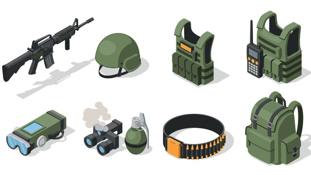 Military equipment icons collection in isometric style featuring modern gear elements