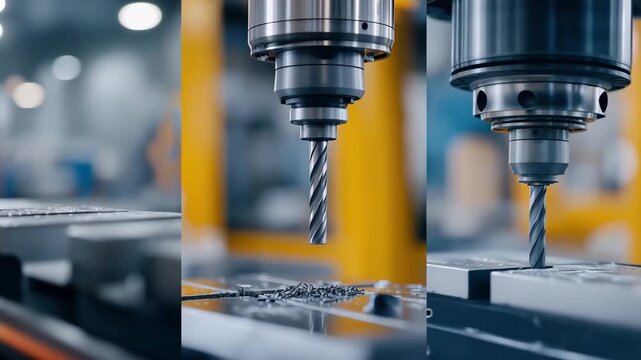 Factory floor view showing automated machine systems drilling components, highlighting efficiency, repeatability, and modern manufacturing workflows. cinematic color correction, natural uneven