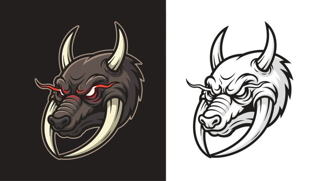 Aggressive wild boar head mascot with tusks and horns in color and black and white outline styles.