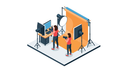 Professional photography studio setup in isometric style featuring photographers at work