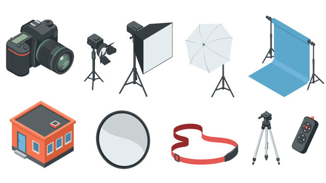 Professional photography equipment in isometric style for studio and outdoor shoots