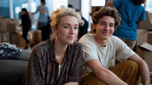 Housewarming moment with people sitting together on floor and sofa, informal setup, boxes nearby, smiles, warmth, authenticity and starting life in a new space theme cinematic color correction,