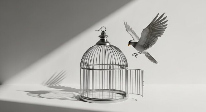 Bird Escaping Silver Cage Symbolizing Personal Freedom and Liberation