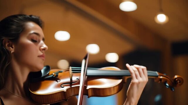 In a rehearsal hall, an experienced violinist focuses on complex passages, representing commitment, craftsmanship, and musical excellence. cinematic color correction, natural uneven lighting yet