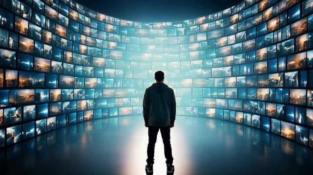 A man standing in front of a wall of multiple screens displaying various digital scenes. The concept of media consumption, information overload, digital storytelling, technology.