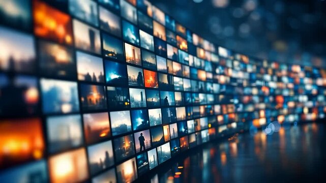 A dynamic wall of multiple digital screens displaying cinematic scenes in a futuristic environment. The concept of media consumption, information flow, digital storytelling, technology.
