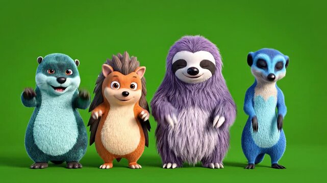 A group of colorful cartoon animals standing together in a video