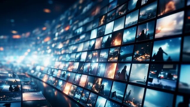 A dynamic wall of multiple digital screens displaying cinematic scenes in a futuristic environment. The concept of media consumption, information flow, digital storytelling, technology.