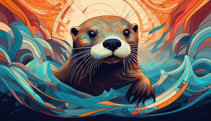 Stylized otter head and chest emerging from colorful, flowing water