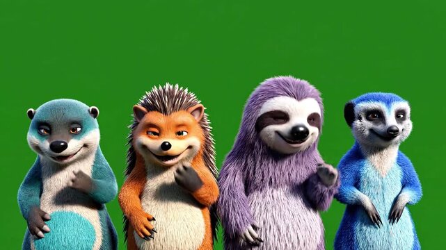 A colorful video featuring animated animal friends standing together in a green environment