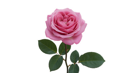 Fototapeta premium A beautiful pink rose with green leaves and stem, isolated on a white background, showcasing its delicate petals and natural beauty