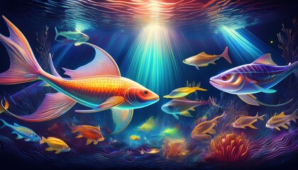 Vivid underwater scene with various colorful fish and coral